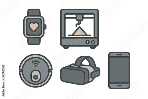 Innovative gadgets showcasing modern technology including smartwatches, 3D printers, and virtual reality headsets for daily life