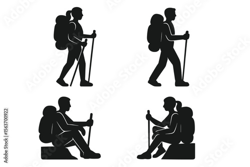 Hikers demonstrating various outdoor activities in different postures during a trekking adventure in nature settings