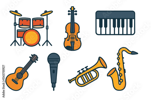 Collection of musical instruments including drums, violin, saxophone, and piano arranged creatively on a white background