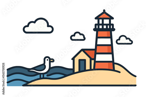 Lighthouse by the shore with seagull and gentle waves on a sunny day at the beach