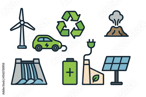 Innovative renewable energy symbols showcasing wind, solar, hydro, and recycling in a dynamic and eco-friendly design