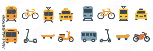 Different modes of urban transportation are depicted in a colorful design showcasing vehicles commonly found in city settings