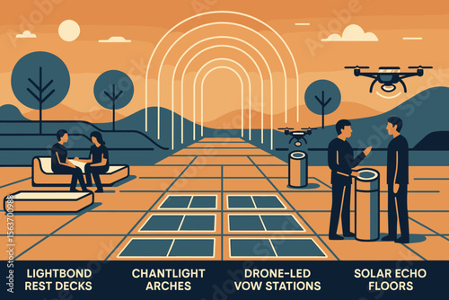Futuristic ceremonial plaza with drones, arches, and solar-lit floor