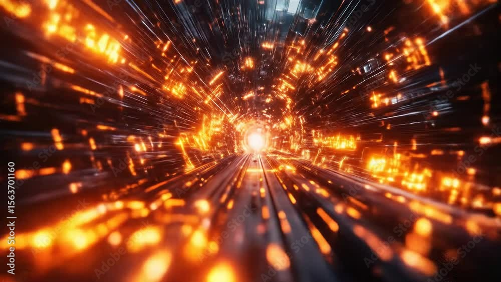 Glowing tunnel with bright light at end
