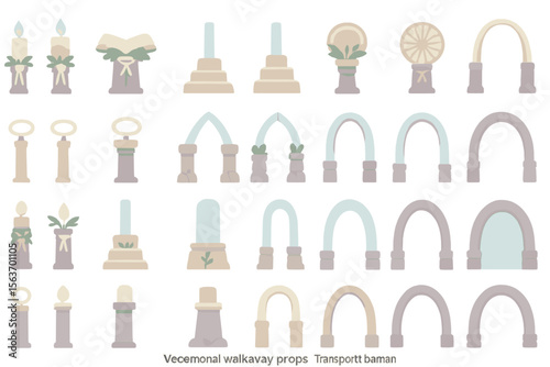 Fantasy game UI props with glowing ceremonial archways and altars
