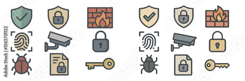 Security icons featuring locks, cameras, and shields representing various aspects of protection and safety measures