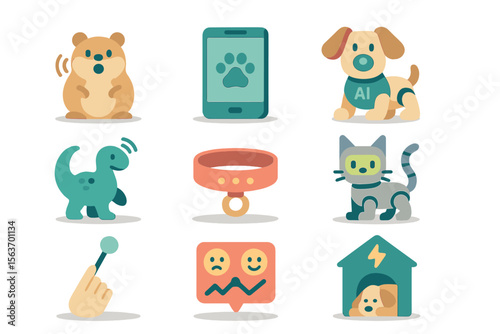 Cute animals and pet accessories in colorful flat design showcasing modern technology and playfulness
