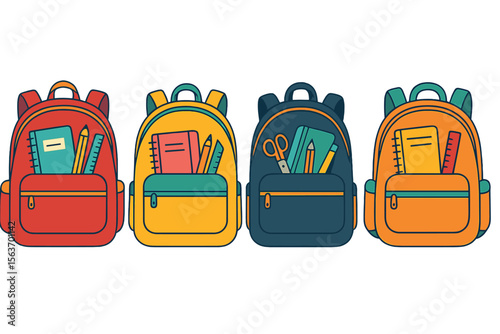 Colorful backpacks filled with school supplies ready for a new academic year