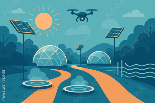Futuristic farm with drone, solar panels, and geodesic domes