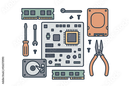 Various computer components and tools arranged on a surface for hardware assembly and repair