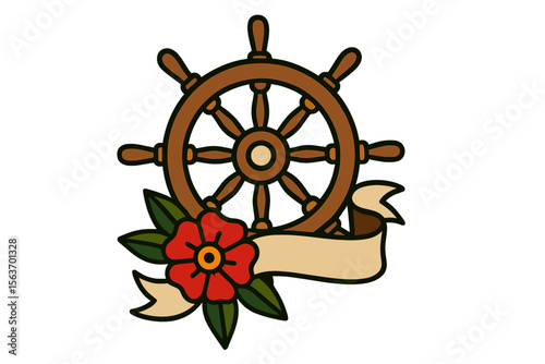 Colorful nautical wheel design featuring a flower and banner in a stylized illustration