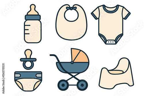 Baby care essentials displayed with a bottle, bib, onesie, pacifier, stroller, and high chair in a playful arrangement