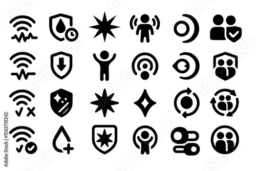 A set of abstract, security-themed icons, including symbols of protection, connectivity, and communication.