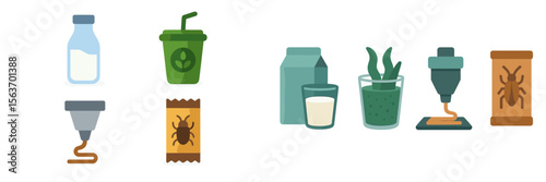 Creative arrangement of various food and beverage containers and ingredients on a clean surface