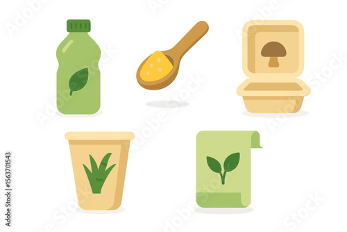 Variety of eco-friendly packaging and food items featuring green elements for sustainable living