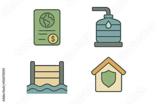 Elements representing global citizenship, water resources, community safety, and environmental protection displayed in a flat design