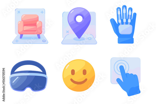 Digital icons representing modern technology and virtual reality tools for innovative experiences