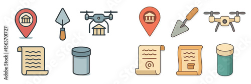 Icons representing construction, architecture, and technology in a modern design layout with tools and documents displayed
