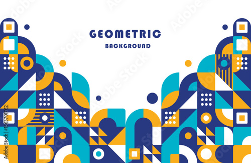Geometric background with squares triangles circles and arches in blue yellow and white on a white background