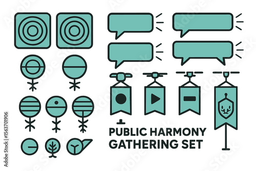 A set of symbols for public harmony, featuring circular, abstract icons, speech bubbles, drone flags, and gathering cues for peaceful communication.