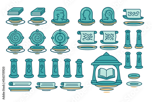 Set of vintage-style vector icons including books, scrolls, pillars, and a temple with an open book.