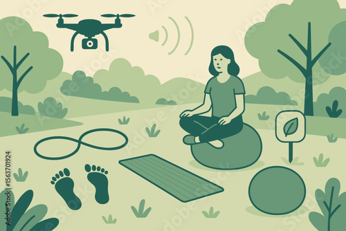 Illustration of a woman meditating outdoors with a drone, yoga mat, and nature elements.