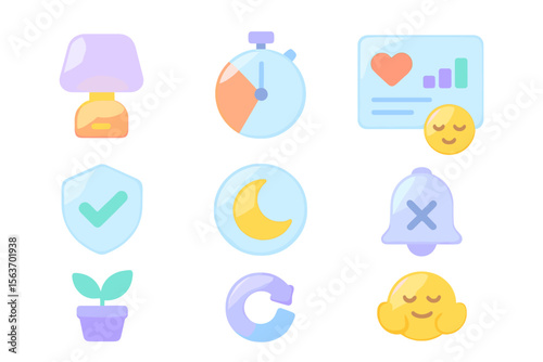 Colorful and modern icons representing time management, health tracking, and wellness practices