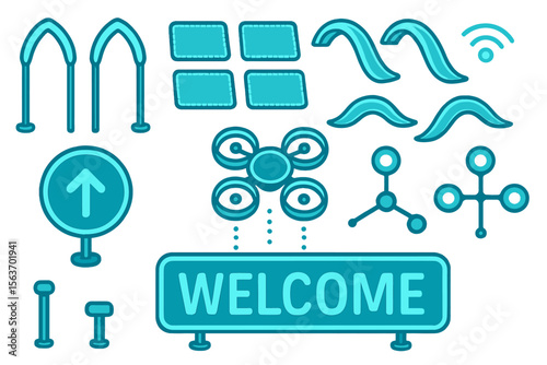 A set of blue-toned abstract icons, including waves, directional signs, a drone, network symbols, and a "Welcome" sign, evoking a futuristic or technological theme.