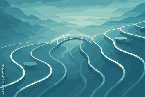 A serene and futuristic landscape featuring rolling hills, glowing light paths, and a bridge, all designed in a smooth, minimalistic style with a calming blue color palette.