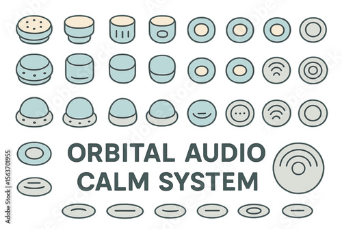Set of icons for an "Orbital Audio Calm System," featuring various circular and orbital shapes with sound waves and calming symbols.