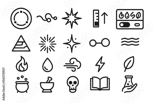 A set of 16 science and magic-themed icons, including symbols for fire, water, energy, and alchemy.