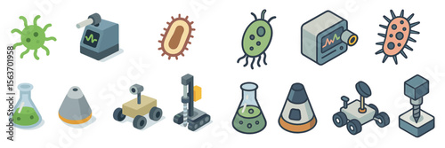 Science lab illustration featuring various microorganisms and laboratory equipment for educational purposes
