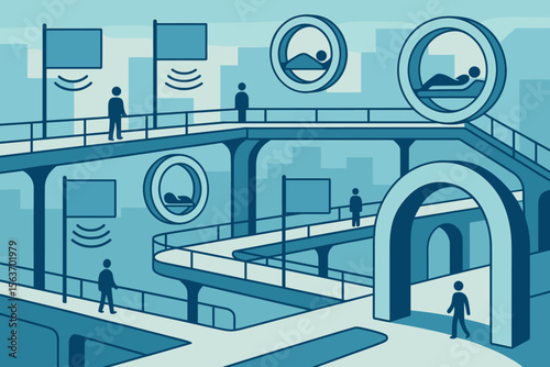 Futuristic cityscape with elevated walkways, flags, and circular pods for relaxation, symbolizing calmness and technology.