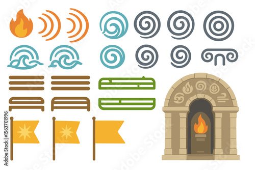 Set of mystical icons including flames, waves, spirals, flags, and a symbolic stone archway with elements of fire, air, and nature.