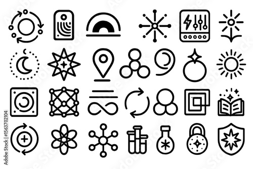 A collection of bold, abstract vector icons featuring scientific, mystical, and technological motifs such as cycles, stars, molecules, books, and security symbols