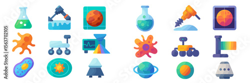 Colorful illustrations of science and space icons showcasing various scientific activities and planetary exploration elements