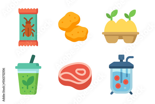 Colorful food items including snacks, fruits, and vegetables displayed on a clean surface in a bright setting