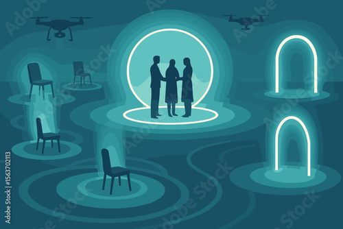 A futuristic gathering scene with glowing circular light beams, a couple shaking hands in the center, surrounded by empty chairs and arches. Drones hover overhead, emphasizing a high-tech atmosphere.