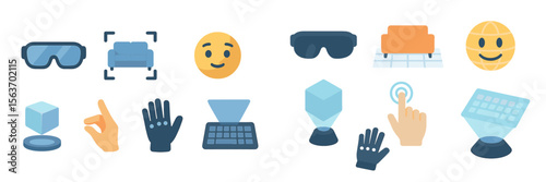 Digital icons representing technology, interaction, and virtual reality in a creative design layout