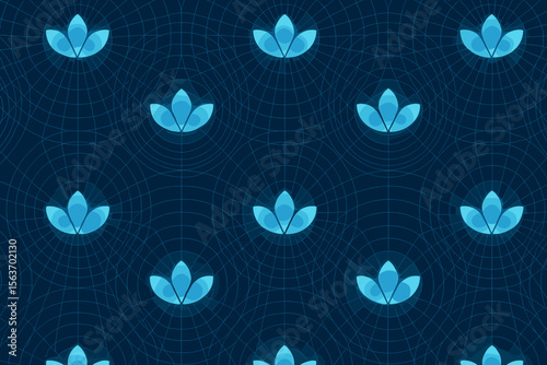 A calming, symmetrical pattern of glowing blue lotus flowers set against a dark blue background with faint geometric grid lines