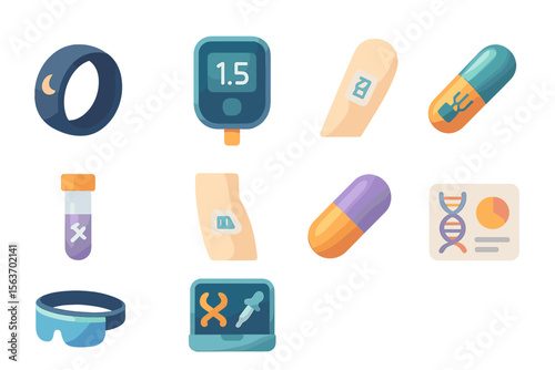 Health monitoring tools showcase various devices and items used in medical assessments and treatments for personal care and health management