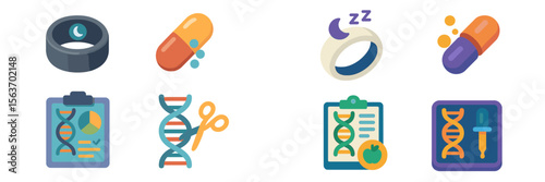 Symbols of health and wellness featuring medications, genetics, and relaxation tools mostly in bright colors on a neutral background