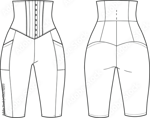 High waist compression shapewear shorts, front hook closure, back seam detail, slimming support design, technical flat fashion sketch illustration
