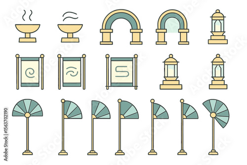 A set of vintage-inspired vector icons featuring incense burners, arches, lanterns, and decorative fans
