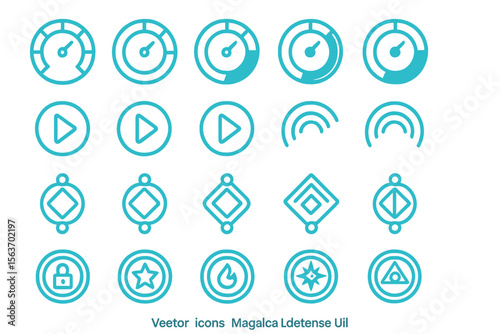 A collection of futuristic and abstract vector icons in glowing blue tones, including various control symbols like dials, arrows, and geometric shapes, with a soft, blurred background.