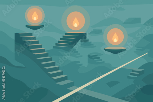 Surreal stairs in misty landscape with floating flame platforms