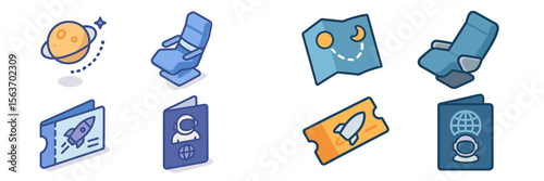 Explore space travel essentials with illustrations of chairs, maps, tickets, and documents for a journey into the cosmos