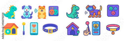 Colorful icons depicting pets, toys, and accessories related to pet care for a playful and modern theme