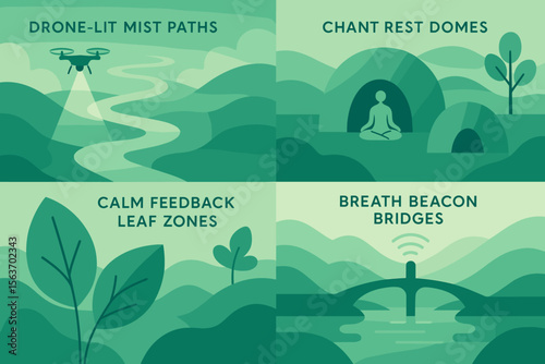 Illustrated wellness environment with drone-lit paths, rest domes, and interactive bridges