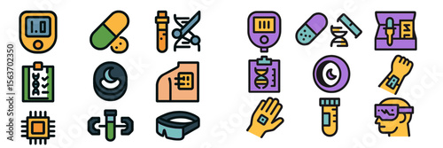 Collection of colorful healthcare icons depicting various medical tools and devices for modern healthcare applications